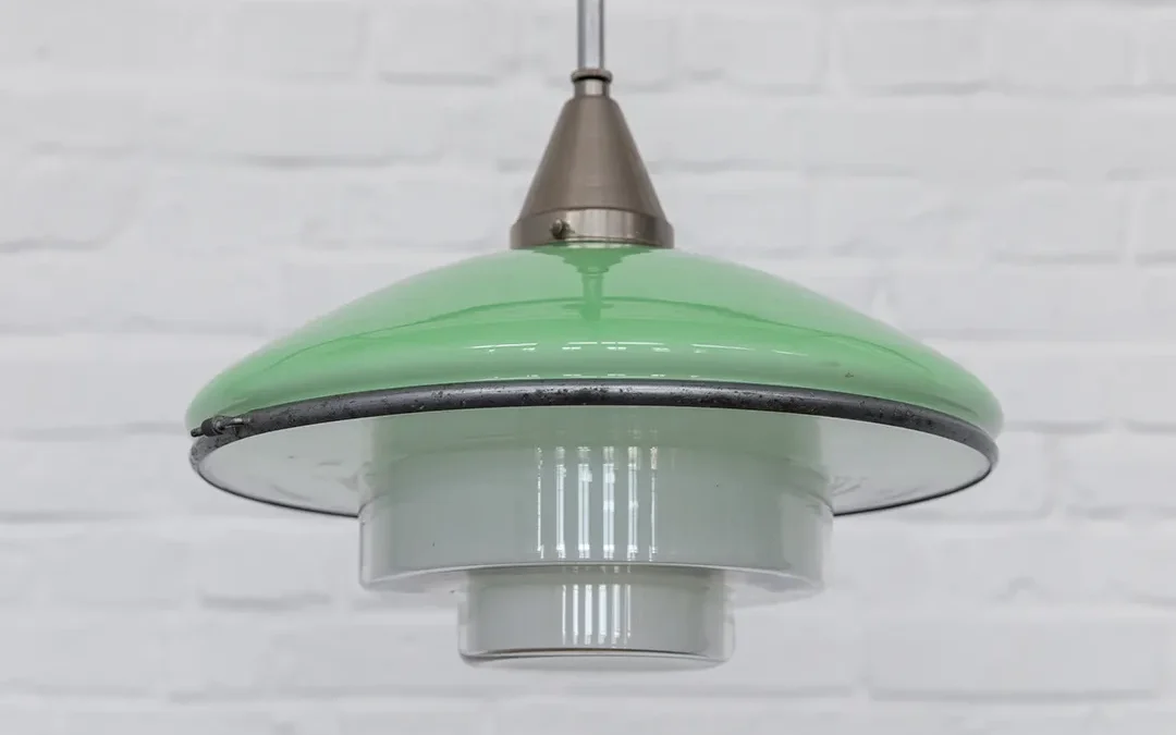 Sistrah Megaphos ceiling lamp P 4 from a 30s production with reseda color glass