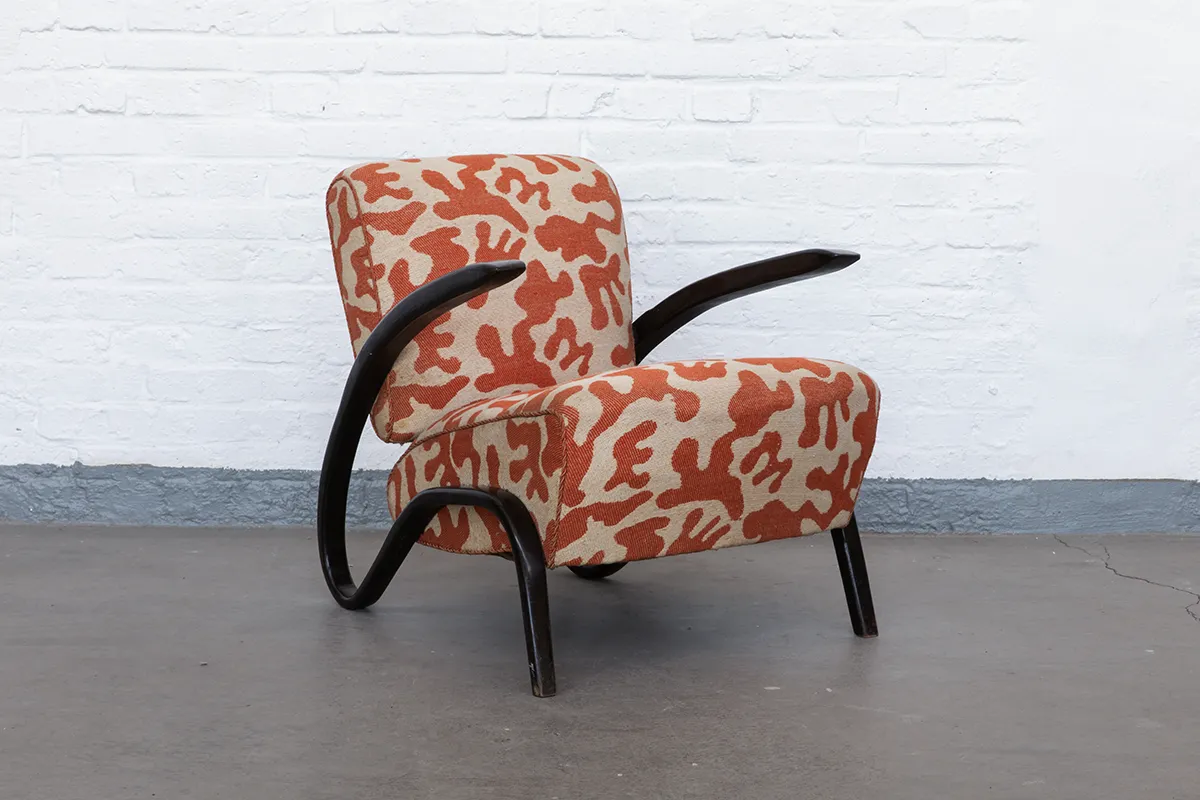 Armchair H-275 by Jindřich Halabala with dark-stained bentwood frame and original Antonín Kybal fabric, produced by UP Závody Brno around 1934.