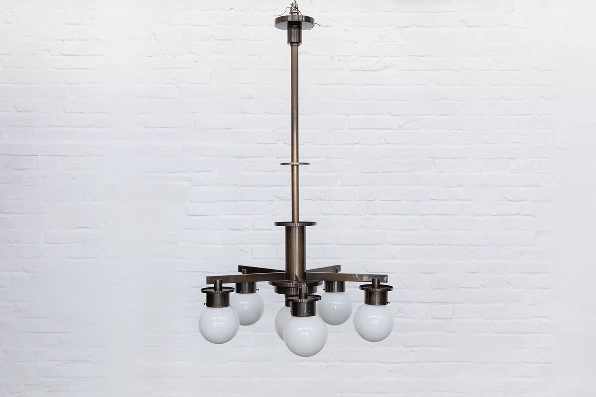 Monumental German ceiling light from the 1930s in Machine Age and Classical Modernism style. Nickel-plated brass with opal glass globes. A sculptural statement for high-ceilinged interiors.
