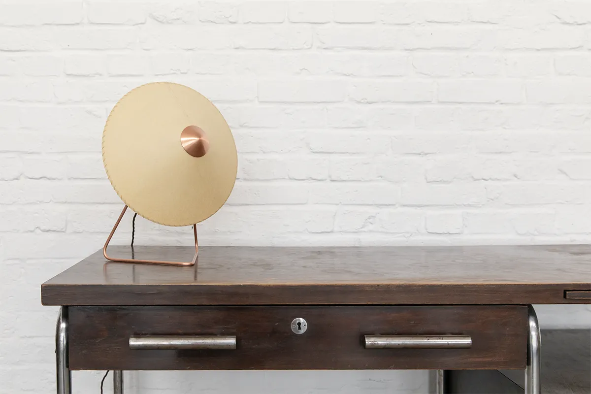 Mid-Century “Sputnik” table and wall lamp by Napako, designed by Josef Hůrka around 1954. Polished copper structure with restored yellow parchment shade, Space Age design.
