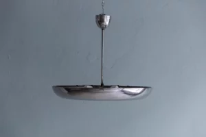 Original 1930s UFO ceiling light by Josef Hurka for Napako, nickel-plated brass with sanded glass shade, Bauhaus Modernism.