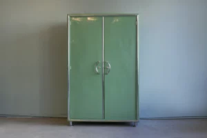 1930s Bauhaus wardrobe by Rudolf Vichr with chrome plated tubular steel frame and reseda green lacquered wood body, produced in Prague.