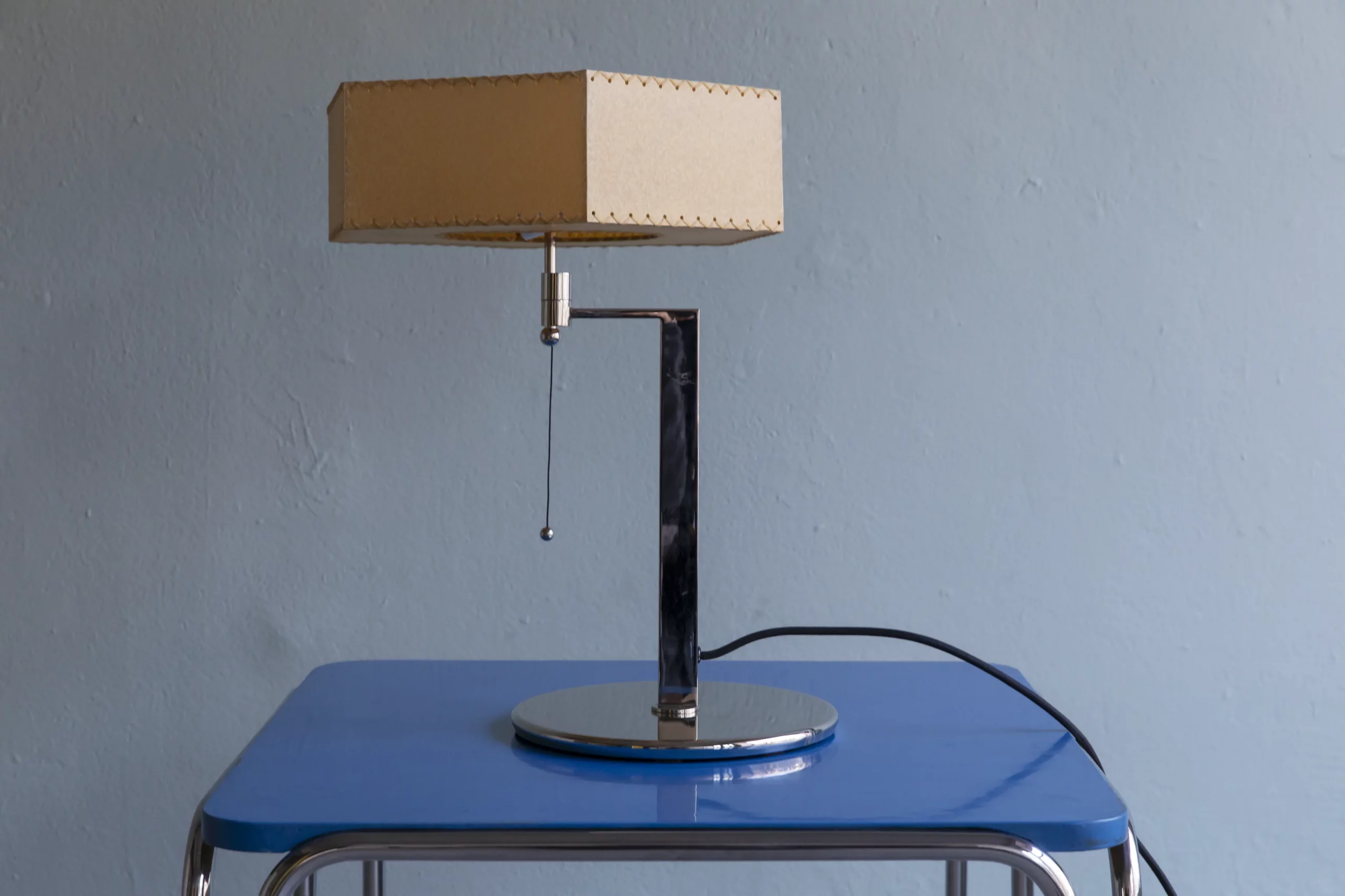table lamp with hexagonal parchment shade, nickel-plated brass and flat steel frame, classical modernism style