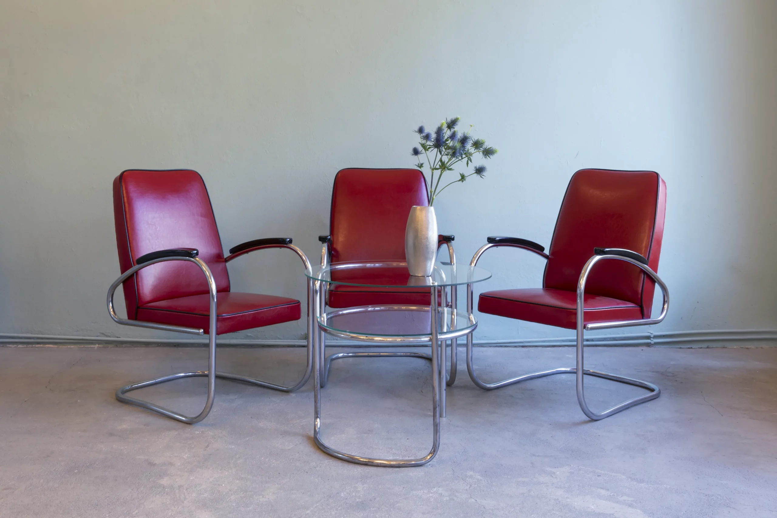 Alfons Mauser RS7 tubular steel armchairs – German streamline moderne in red
