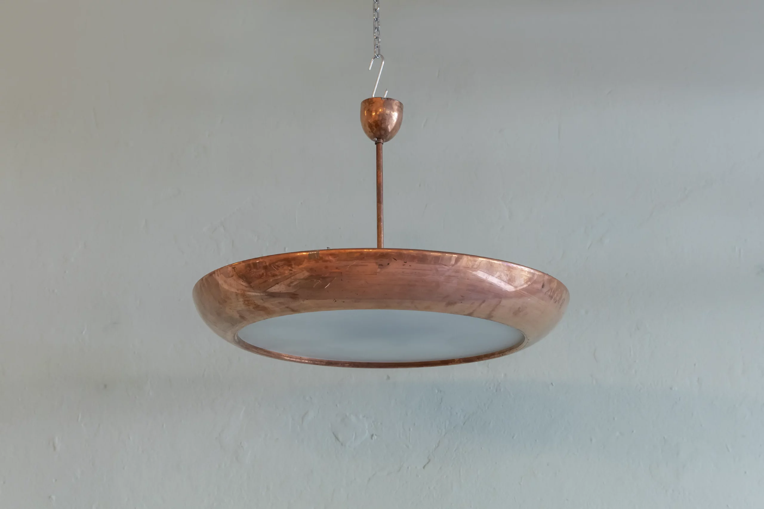 Original UFO ceiling light designed by Josef Hurka for Napako in the 1930s. Copper shade with sandblasted glass diffuser from Czechoslovak Modernism.