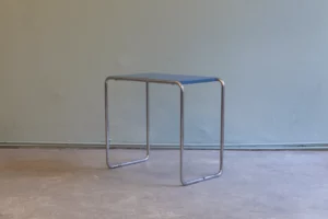 Original 1930s B9 side table by Marcel Breuer with a blue wooden top and chrome-plated tubular steel frame.